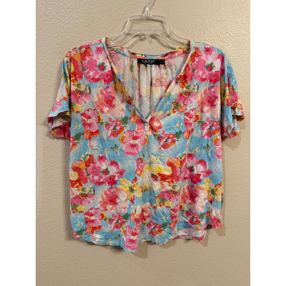 Lauren Ralph Lauren Floral Top Womens Large Blue Pink  Split V-Neck Cotton